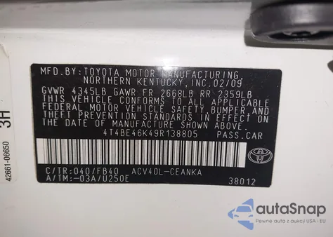 2009 Toyota Camry Le from USA, damaged, VIN 4T4BE46K49R138805